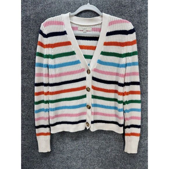LOFT Chunky Knit Button Cardigan Womens Medium Cream Multicolor Striped V Neck - Picture 2 of 9